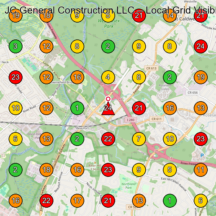 JC General Construction LLC Roofing Contractor GeoGrid ranking map for Roseland NJ